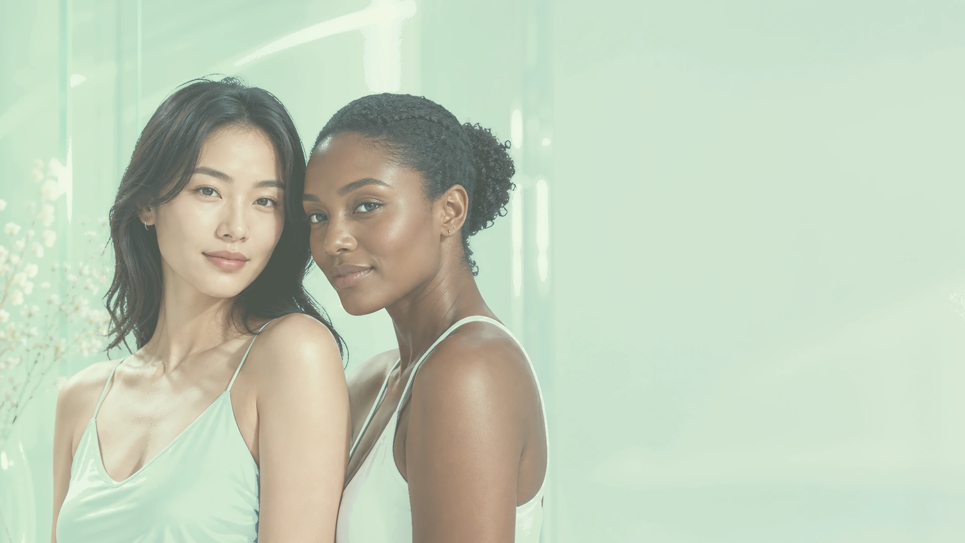 Adult women in a refined sage and lavender Precilyx intimate wellness brand scene